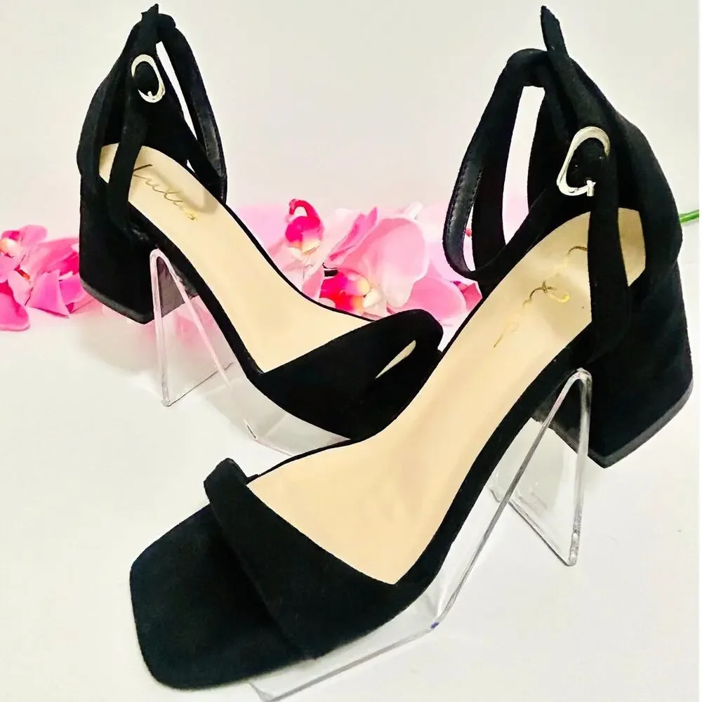 Lulus Danielia Black Faux Suede Block Heel Ankle Strap Sandals NWT 7.5